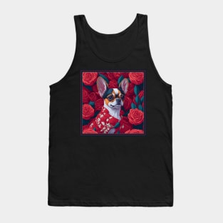 Dogs, Chihuahua and flowers, dog, seamless print, style vector (red version Chihuahua) Tank Top